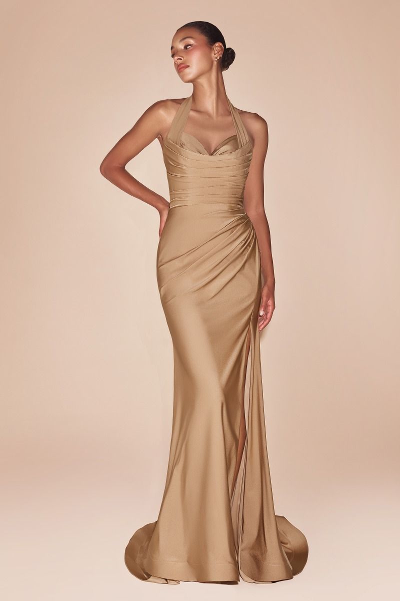 Ladivine CD796C Strapless Stretch Spandex Satin Halter Dress - NORMA REED