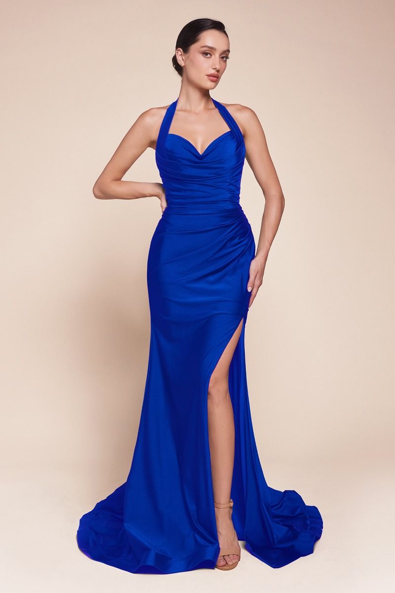 Ladivine CD796C Strapless Stretch Spandex Satin Halter Dress - NORMA REED