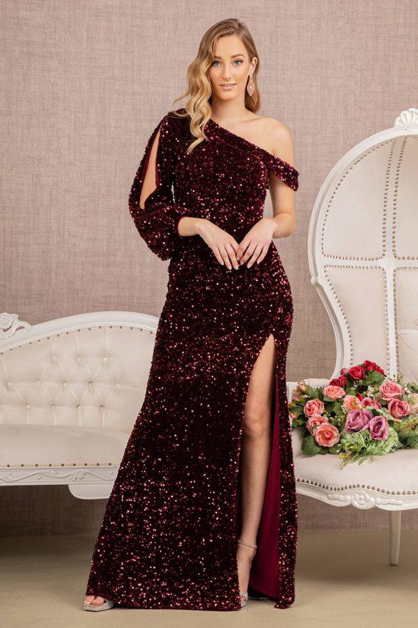 Elizabeth K GL3159 Glittering Velvet Mermaid Dress With Puff Sleeve - NORMA REED