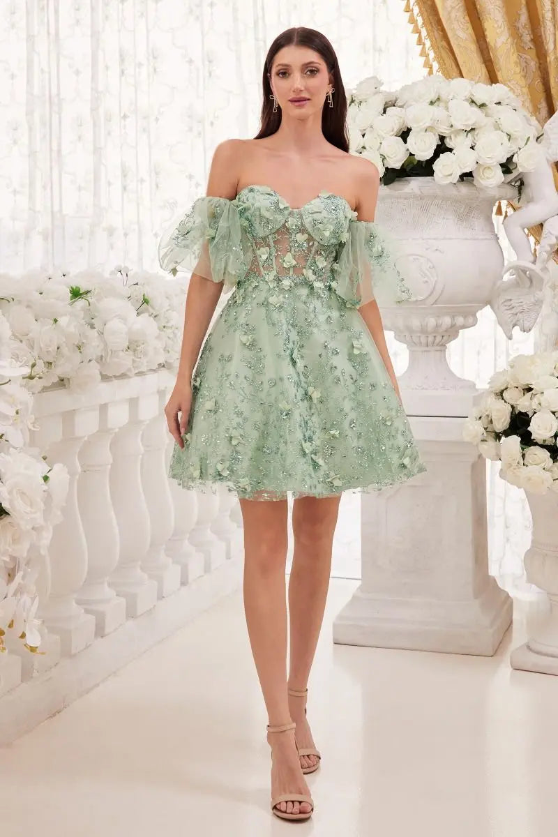 Cinderella Divine KV1089 Corset Style Short Dress with Poofy Sleeves & Sequin Embroidery