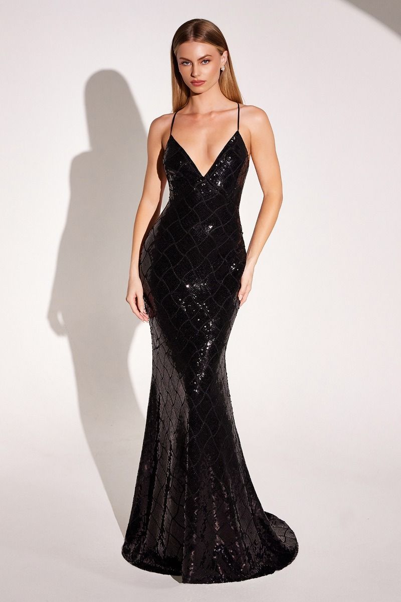 Ladivine T1001P Shimmering Black Backless Liquid Sequin Dress