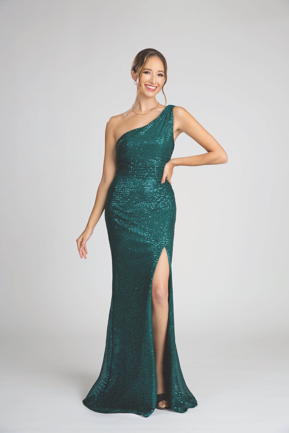 Fiesta 53160 Shimmering One Shoulder Slit Leg Dress | 2 Colors - NORMA REED