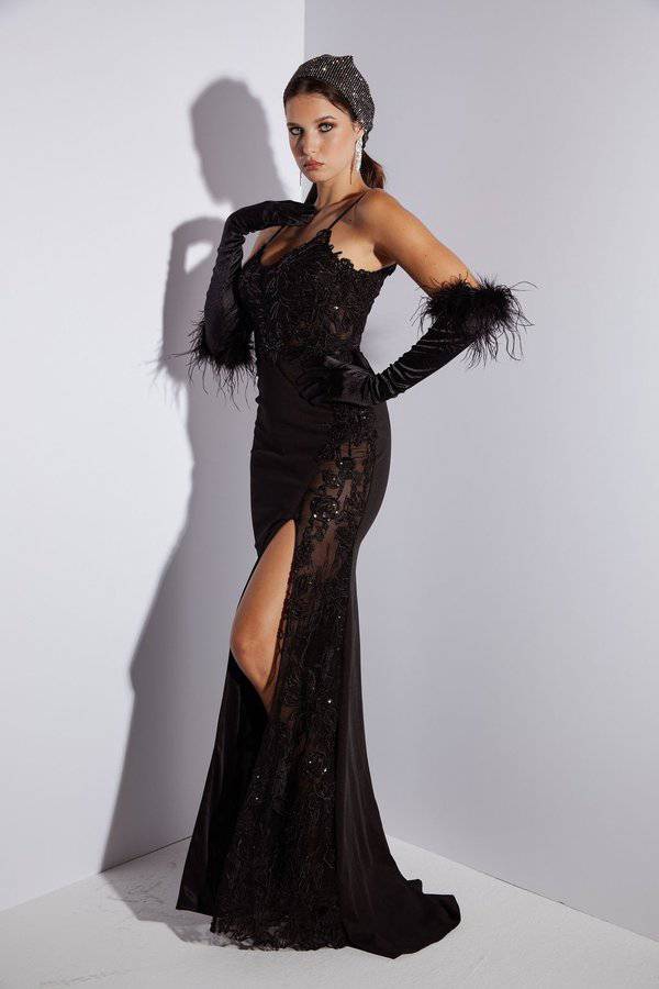 Eureka 9889 Stunning Sheer & Lace Slit Leg Dress | Black | Off White | Emerald | Red - NORMA REED