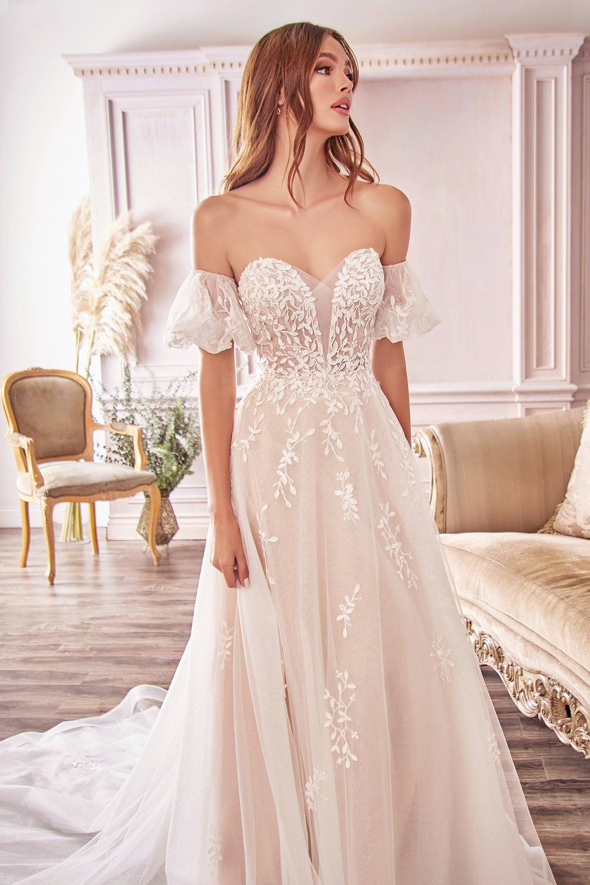 Luxe A1014 Off Shoulder Floral Lace Wedding Gown with Flowing Train - Norma Reed - NORMA REED