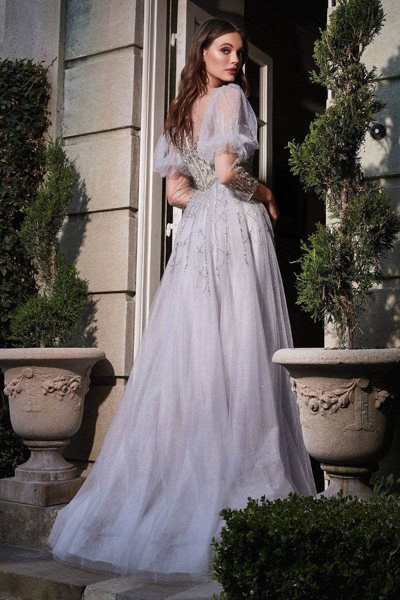 Princess-Like Puffy Sleeve Gown with Fitted Top and Embroidery Detailing #CDB707 - NORMA REED