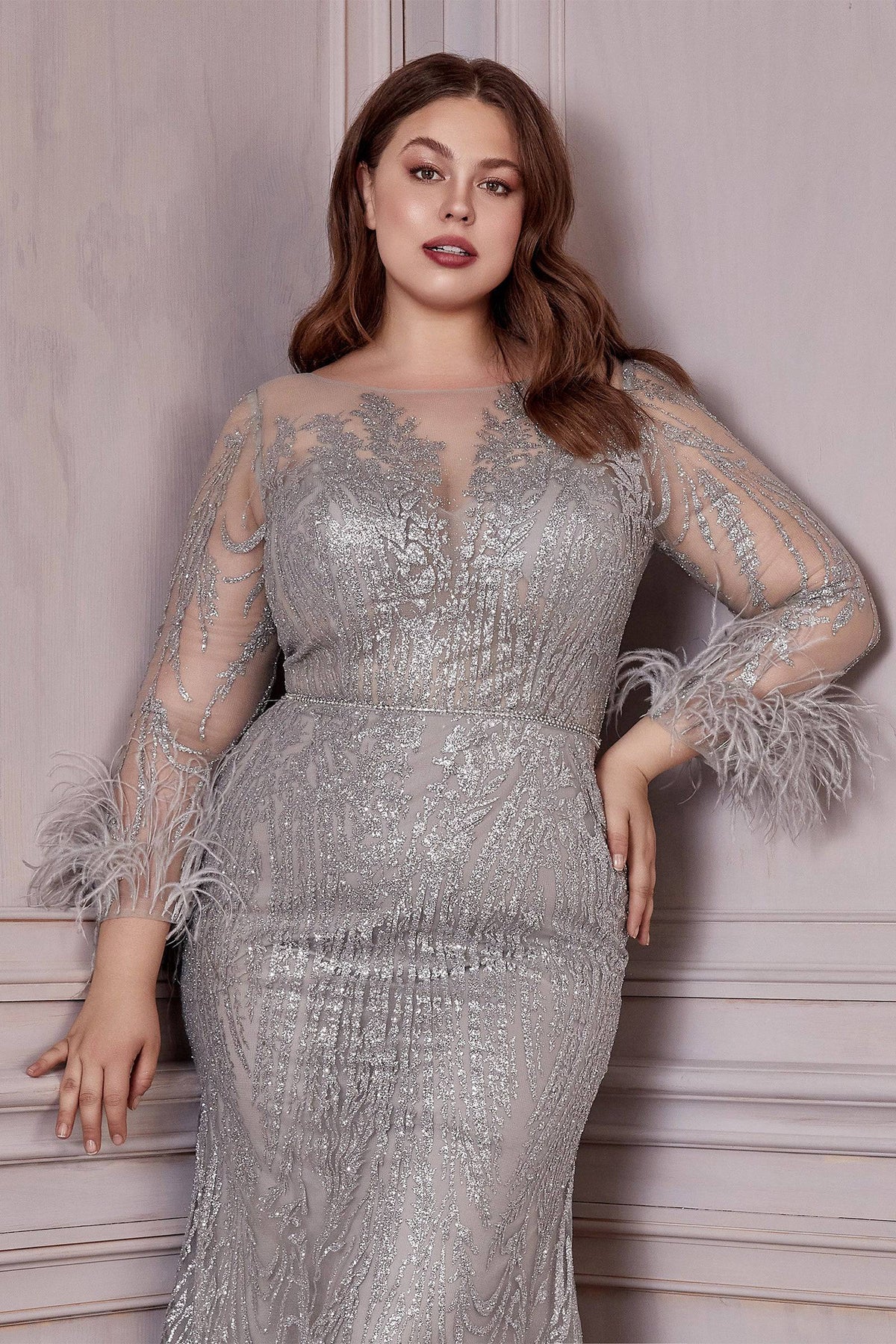 Elegant Plus-Size Sheer Crystal-Infused Gown with Feather Sleeve Accents #CDCB090 - NORMA REED