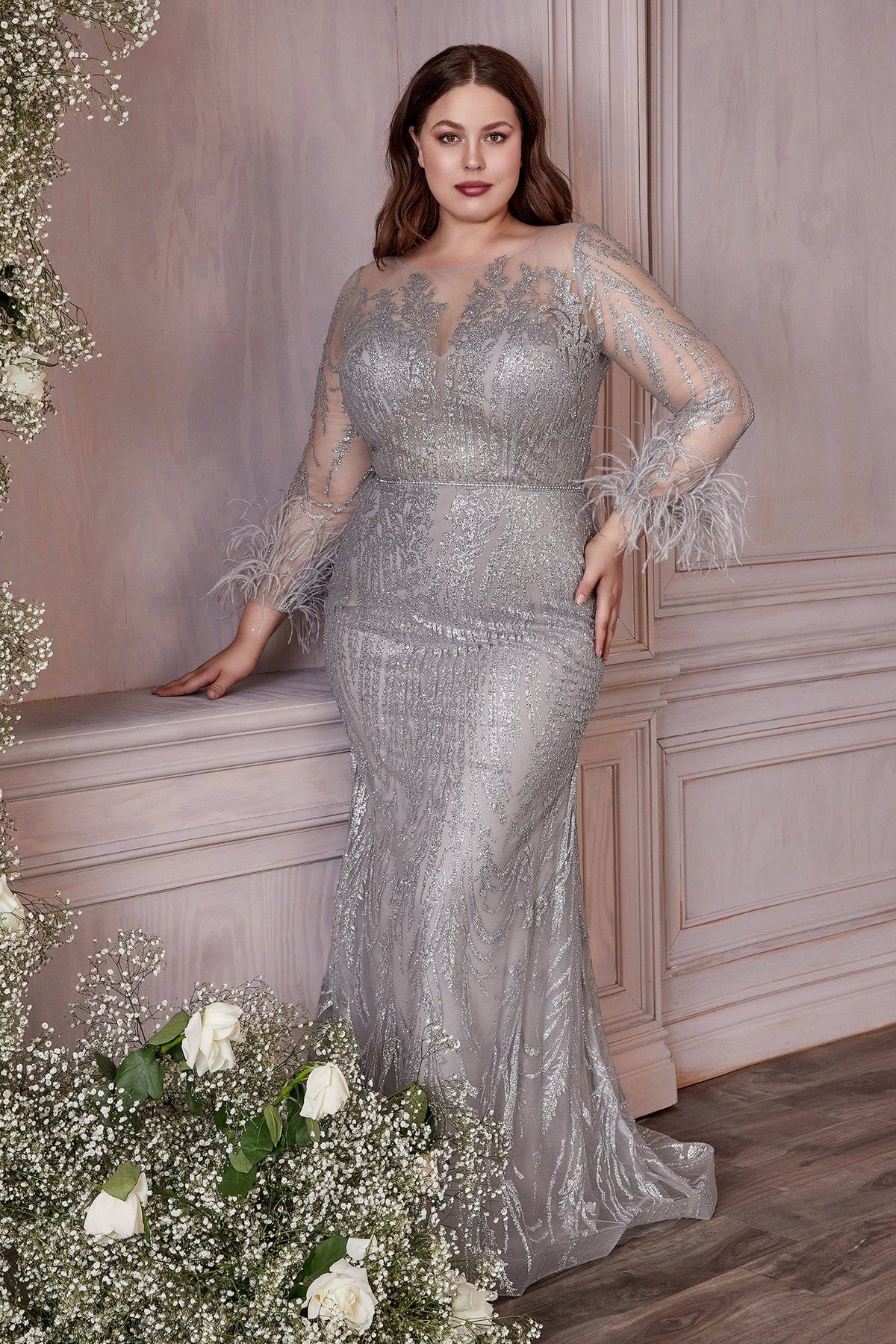 Cinderella Divine CB090 Silver Sequin & Feather Sheer Long Sleeve Dress - NORMA REED