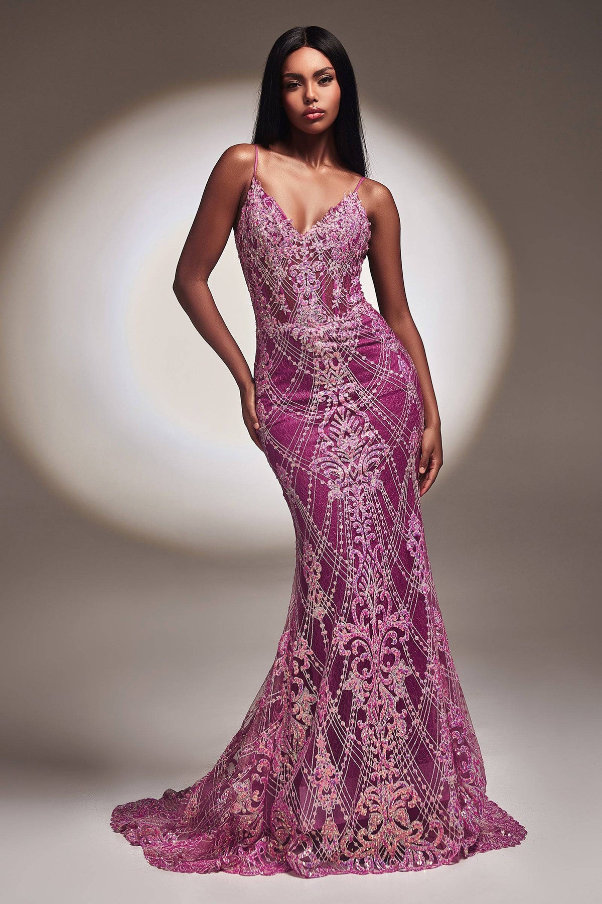 Cinderella Divine CC2168 Amethyst Mermaid Dress with Extravagant Lace and Sequin Embroidery - NORMA REED