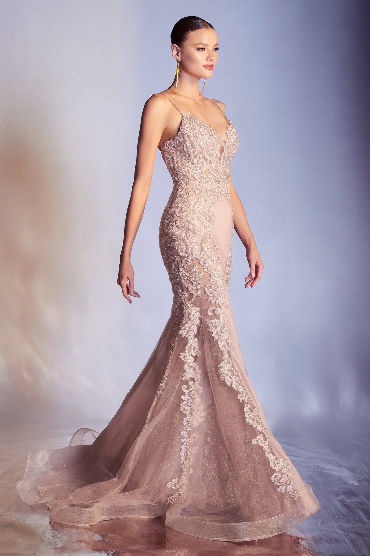 Elegant Mermaid Style Gown with Embroidered Bodice and Deep Neckline #CDCD945 - NORMA REED