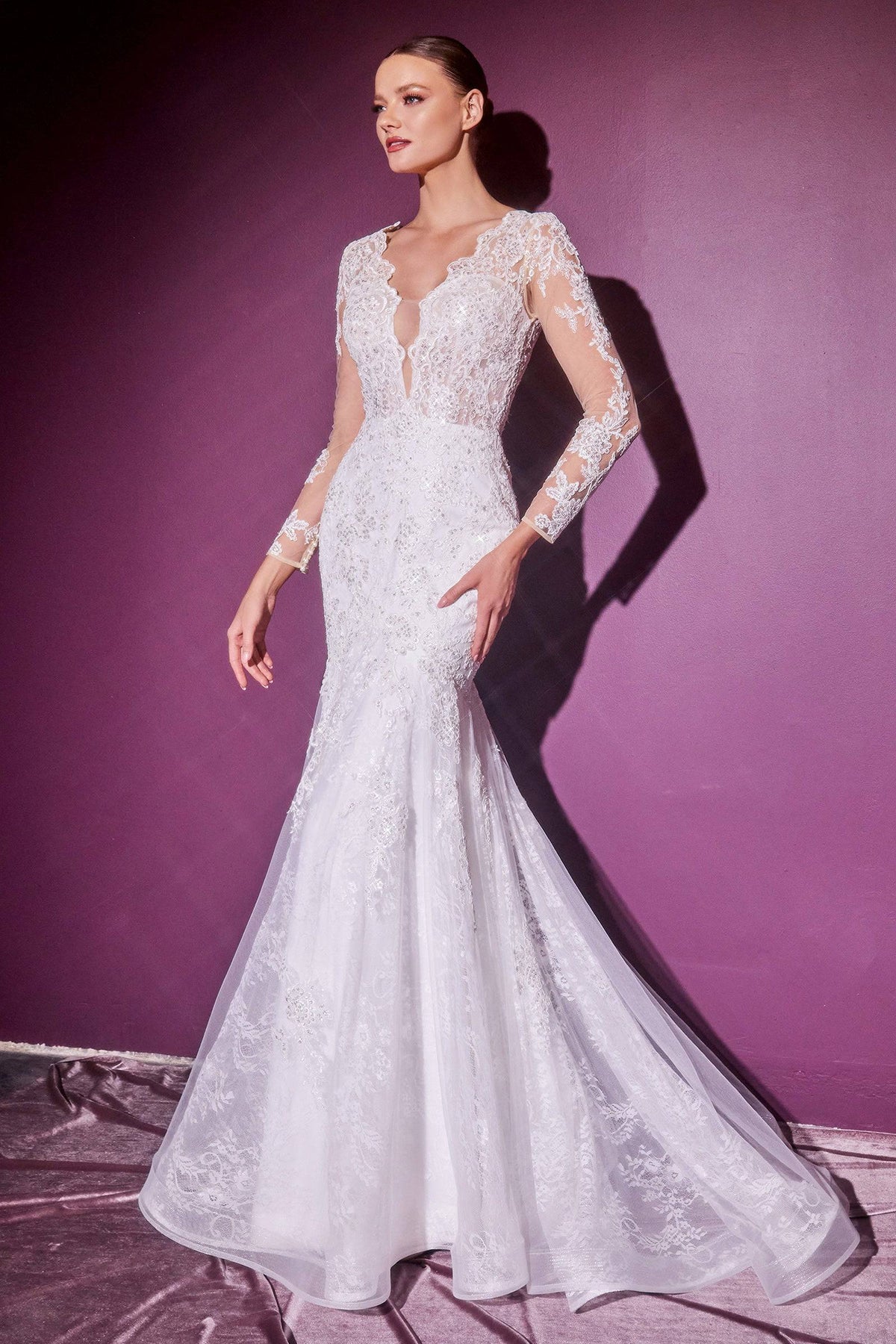 Elegant Lace Long Sleeve Wedding Gown with Deep Neckline #CDCD951W - NORMA REED