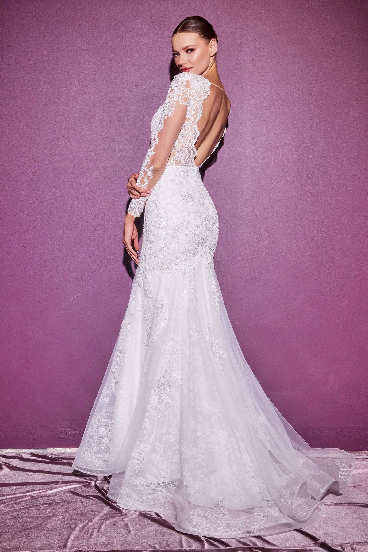 Elegant Lace Long Sleeve Wedding Gown with Deep Neckline #CDCD951W - NORMA REED