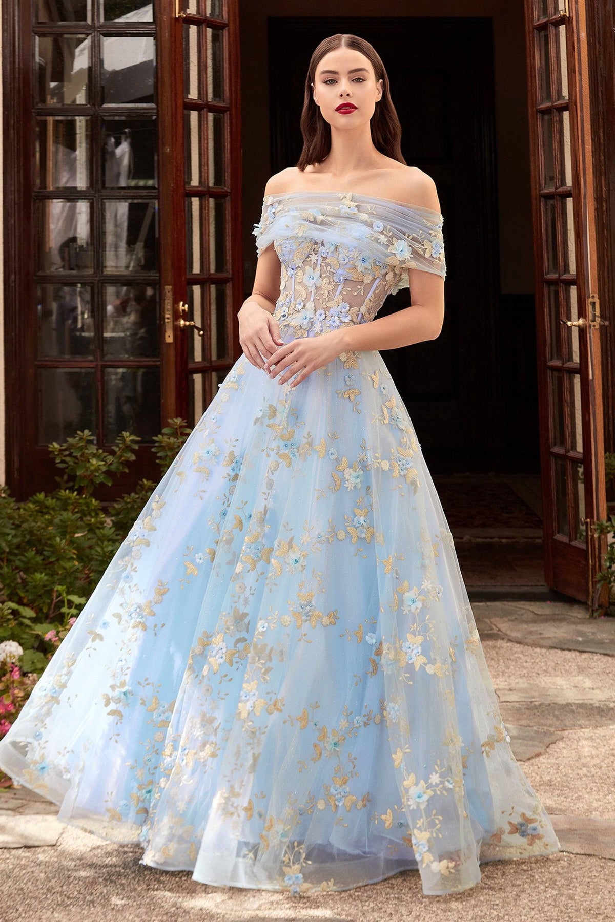 Cinderella Divine CD963 Off Shoulder Floral Tulle Blue Champagne Ball Gown - NORMA REED