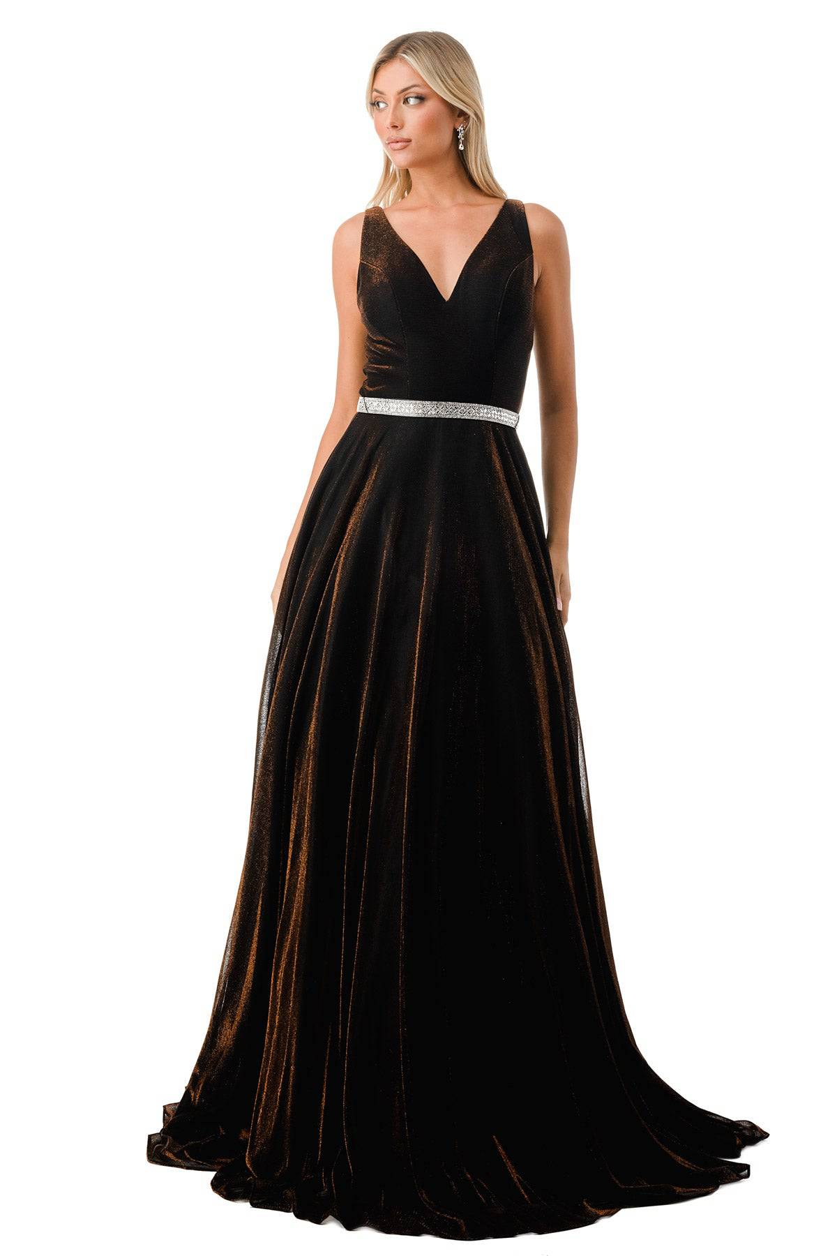 Aspeed Design D320 Shimmering Velvet A Line Dress With Crystal Stone Belt - NORMA REED