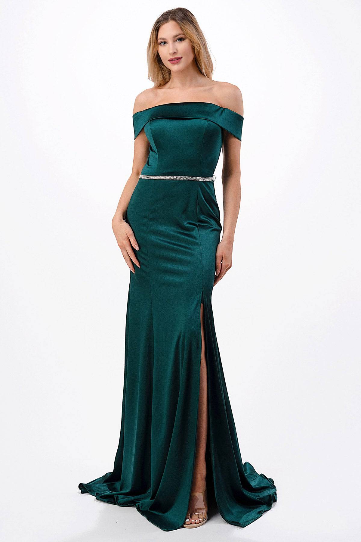 Aspeed Design D548 Off Shoulder Slit Leg Dress With Crystal Belt - NORMA REED