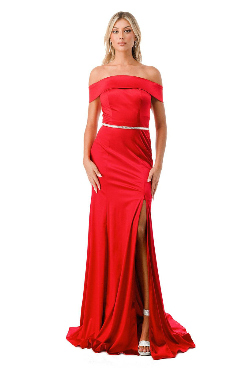 Aspeed Design D548 Off Shoulder Slit Leg Dress With Crystal Belt - NORMA REED