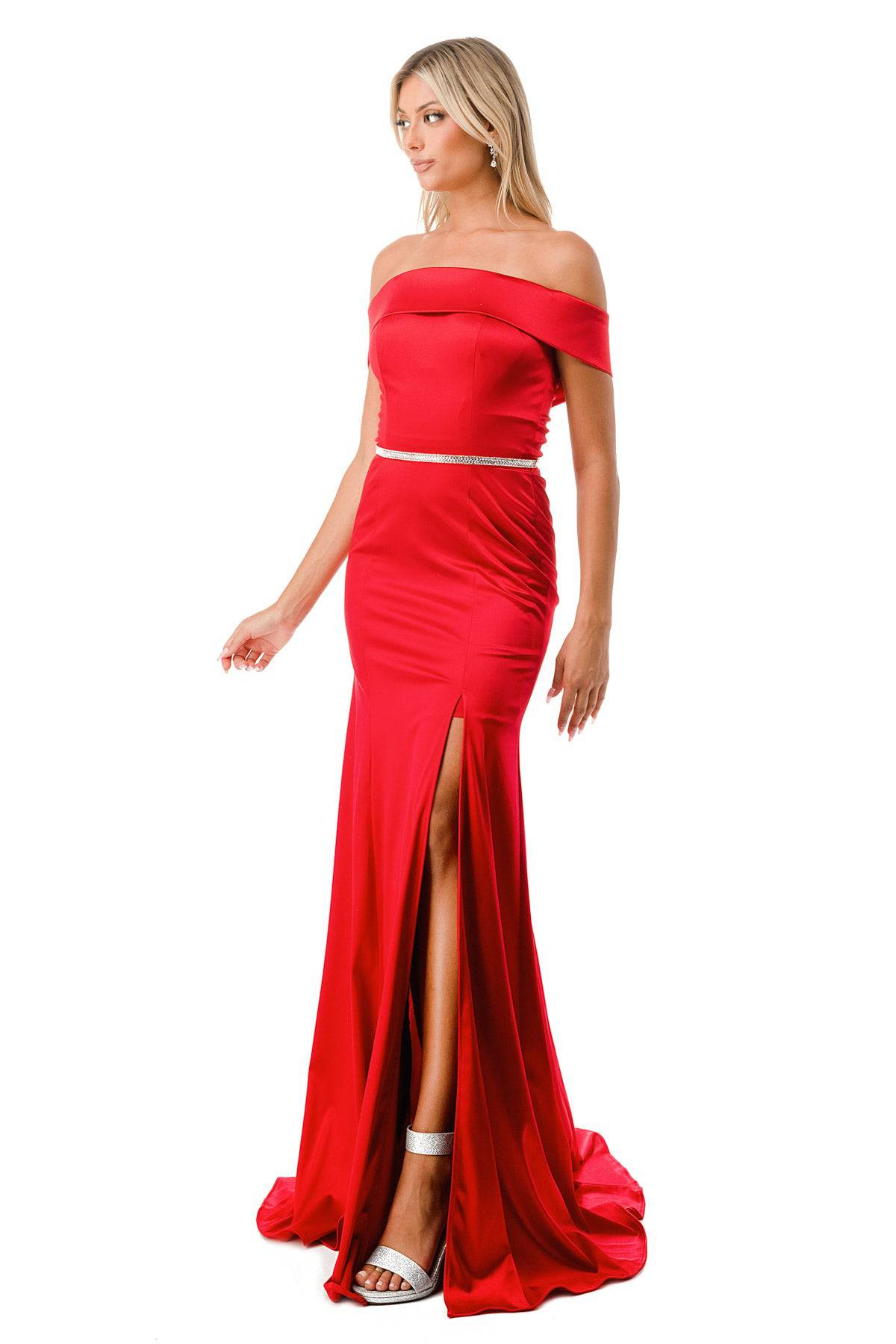 Aspeed Design D548 Off Shoulder Slit Leg Dress With Crystal Belt - NORMA REED