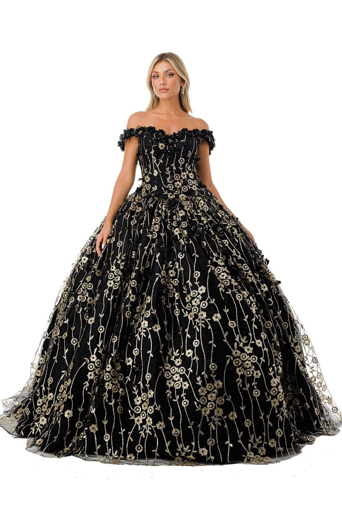 Aspeed L2766A Gorgeous Black & Gold Floral Inspired Ball Gown - NORMA REED