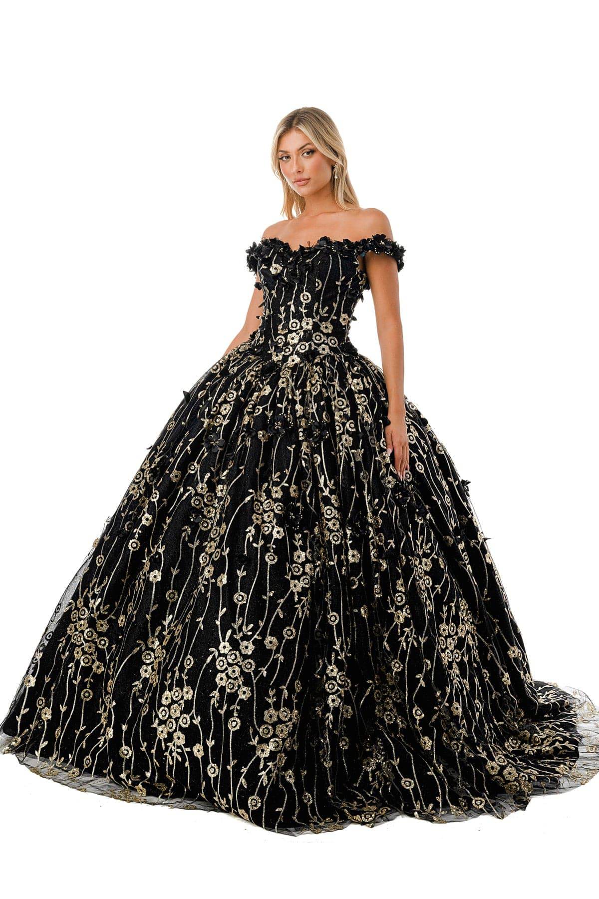 Aspeed L2766A Gorgeous Black & Gold Floral Inspired Ball Gown - NORMA REED