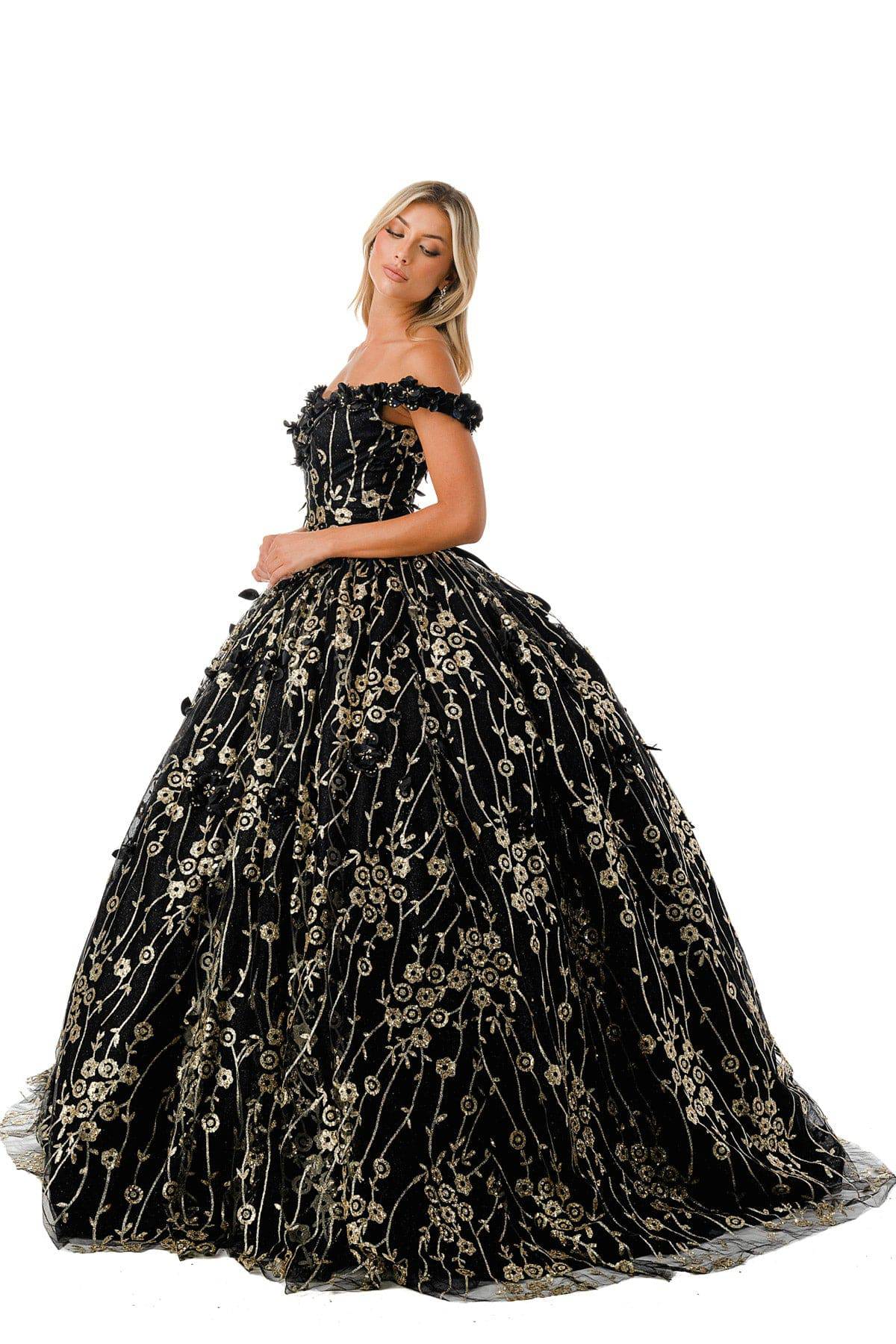 Aspeed L2766A Gorgeous Black & Gold Floral Inspired Ball Gown - NORMA REED