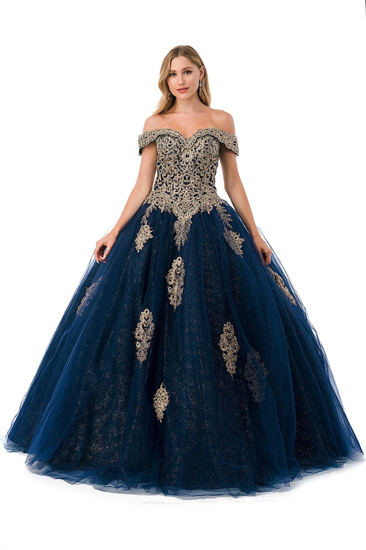 Aspeed L2779 Stunning Off Shoulder Shimmering Navy Ball Gown - NORMA REED