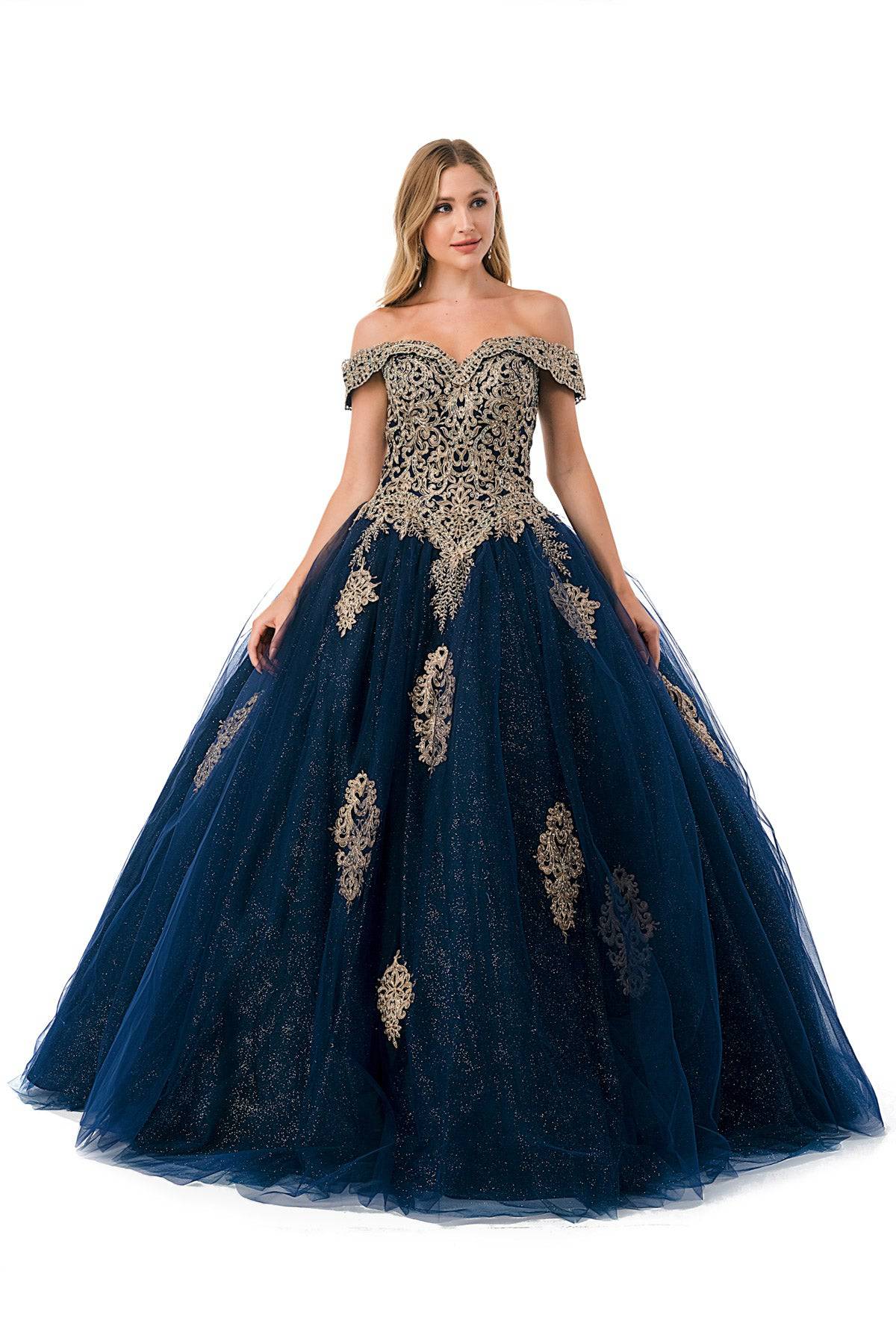 Aspeed L2779 Stunning Off Shoulder Shimmering Navy Ball Gown - NORMA REED