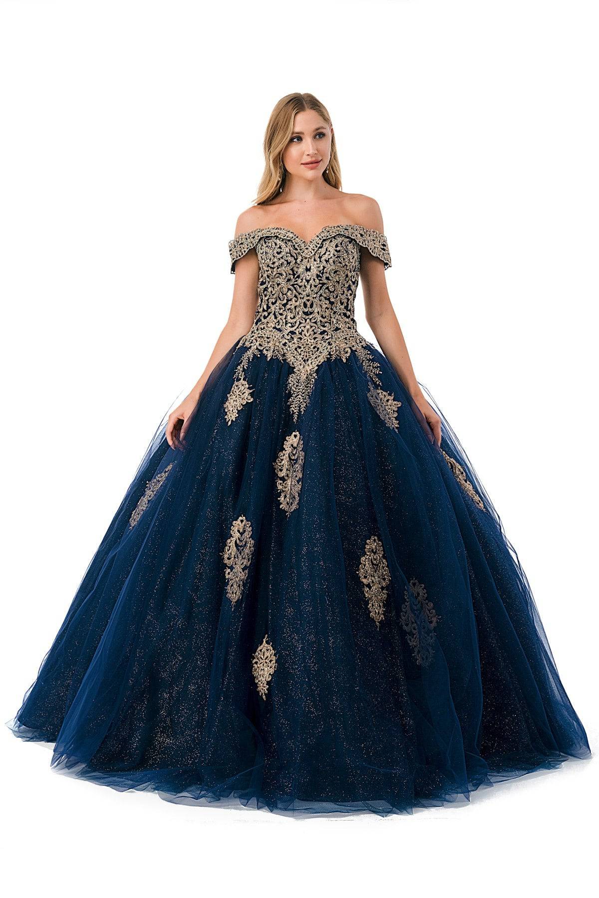 Aspeed L2779 Stunning Off Shoulder Shimmering Navy Quinceanera Dress - NORMA REED