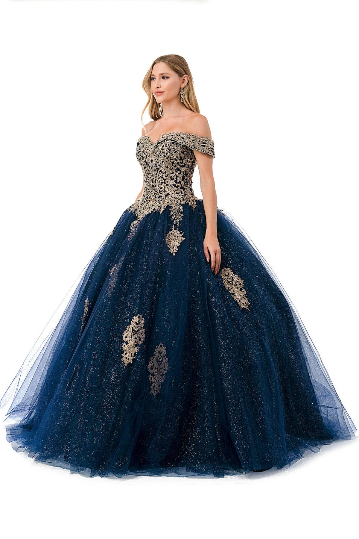 Aspeed L2779 Stunning Off Shoulder Shimmering Navy Ball Gown - NORMA REED