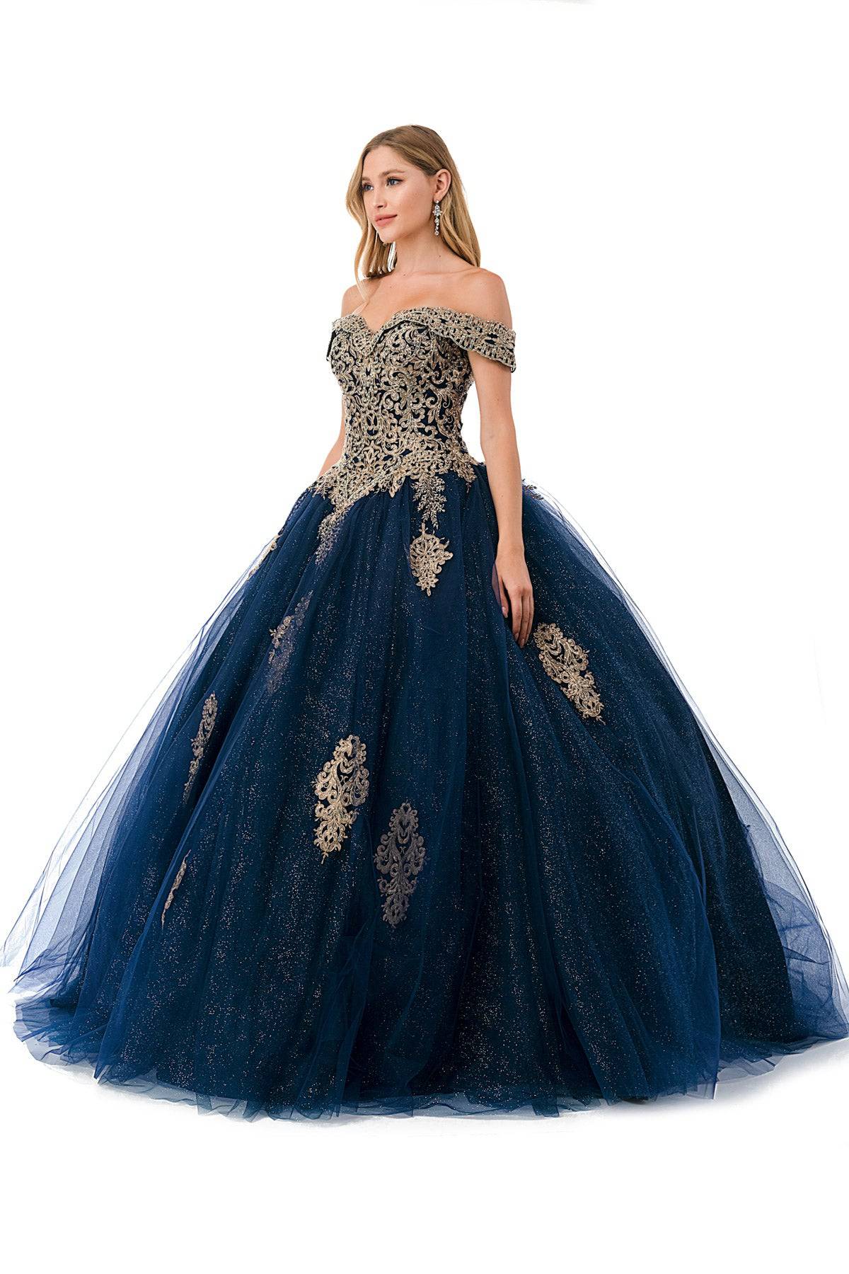 Aspeed L2779 Stunning Off Shoulder Shimmering Navy Ball Gown - NORMA REED