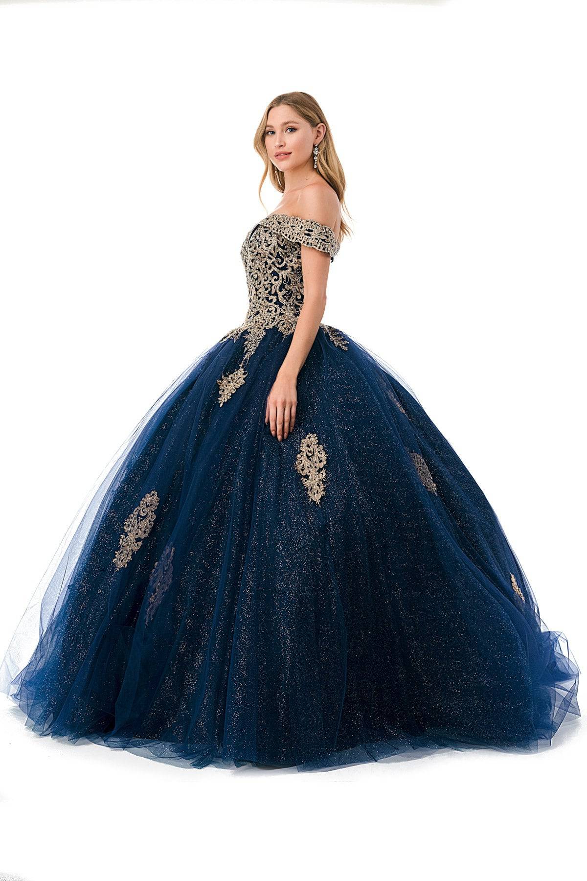 Aspeed L2779 Stunning Off Shoulder Shimmering Navy Quinceanera Dress - NORMA REED