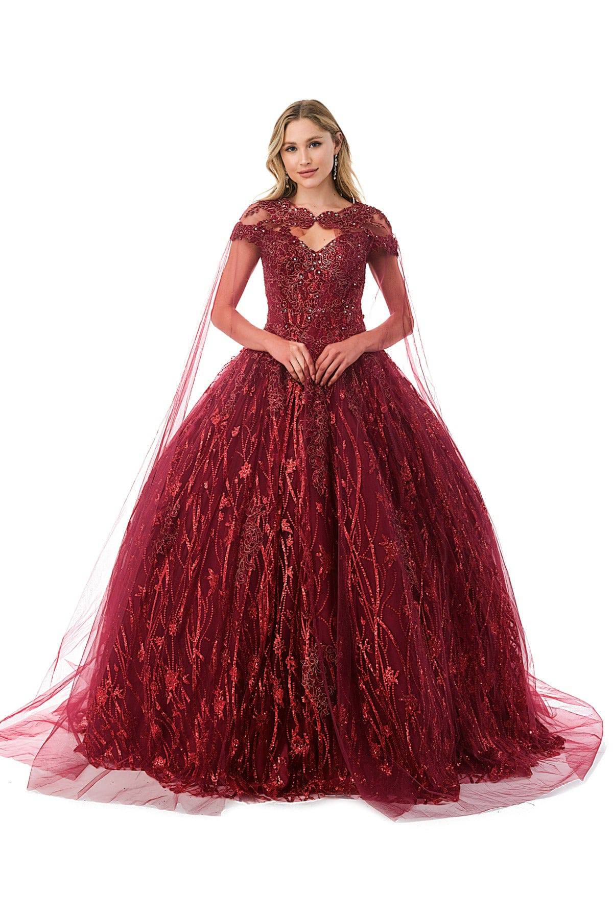 Aspeed L2804C  Floral & Sequin Burgundy Ball Gown | 3 Colors - NORMA REED