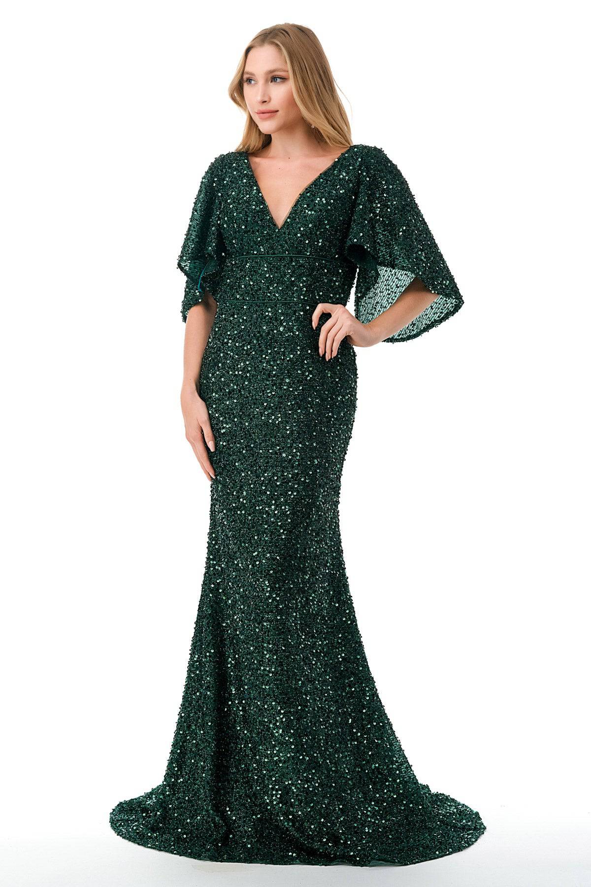 Aspeed M2751T Showstopping Emerald Sequin Flowing Sleeve Dress | 9 Colors - NORMA REED