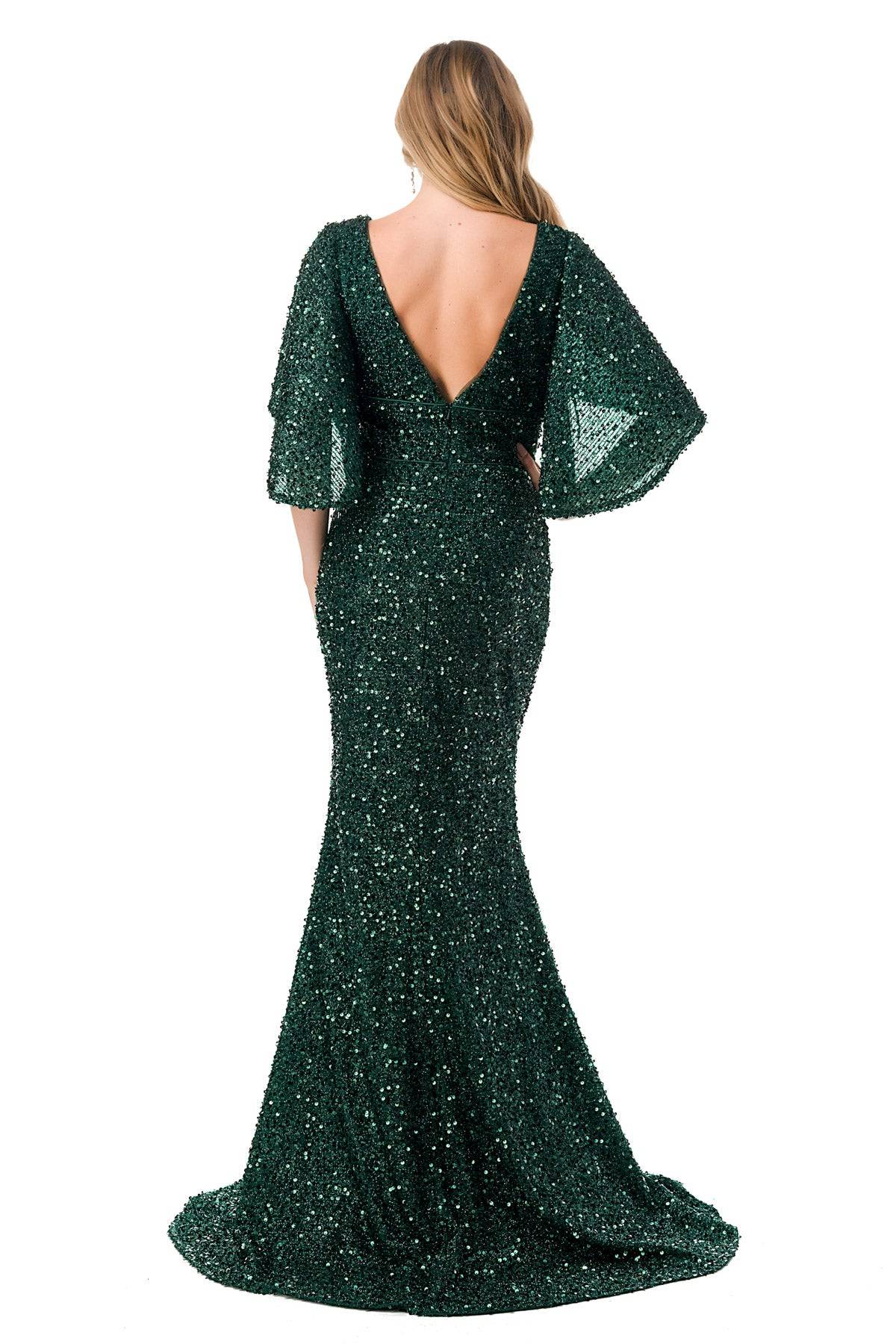 Aspeed M2751T Showstopping Emerald Sequin Flowing Sleeve Dress | 9 Colors - NORMA REED