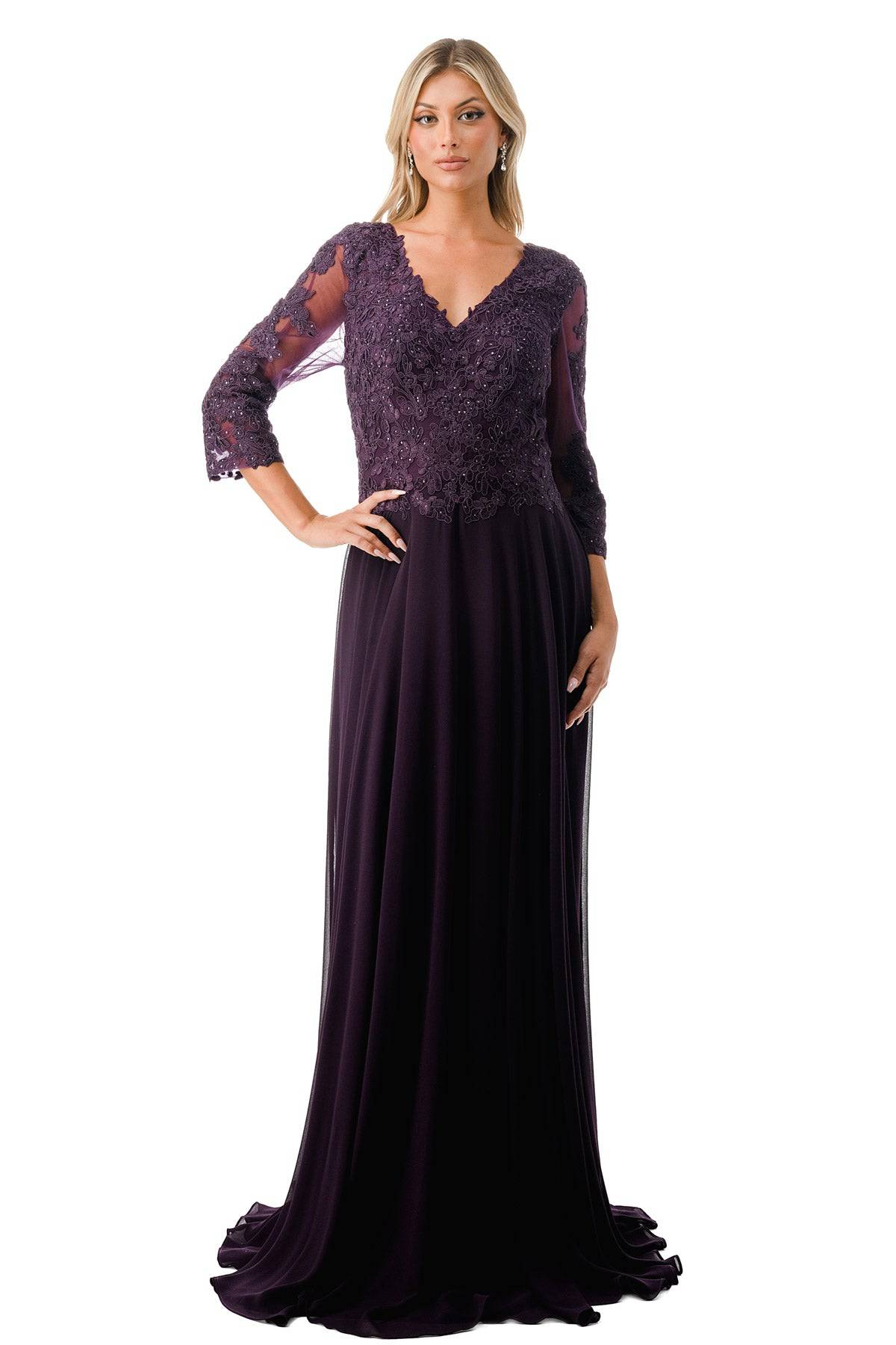 Aspeed M2758Q Lace Embroidered Long Sleeve Flowing Chiffon Gown - NORMA REED