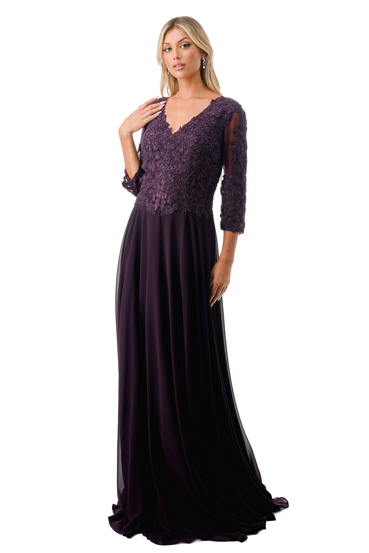 Aspeed M2758Q Lace Embroidered Long Sleeve Flowing Chiffon Gown - NORMA REED