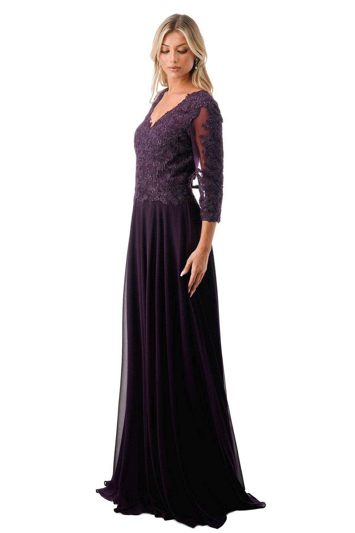 Aspeed M2758Q Lace Embroidered Long Sleeve Flowing Chiffon Gown - NORMA REED