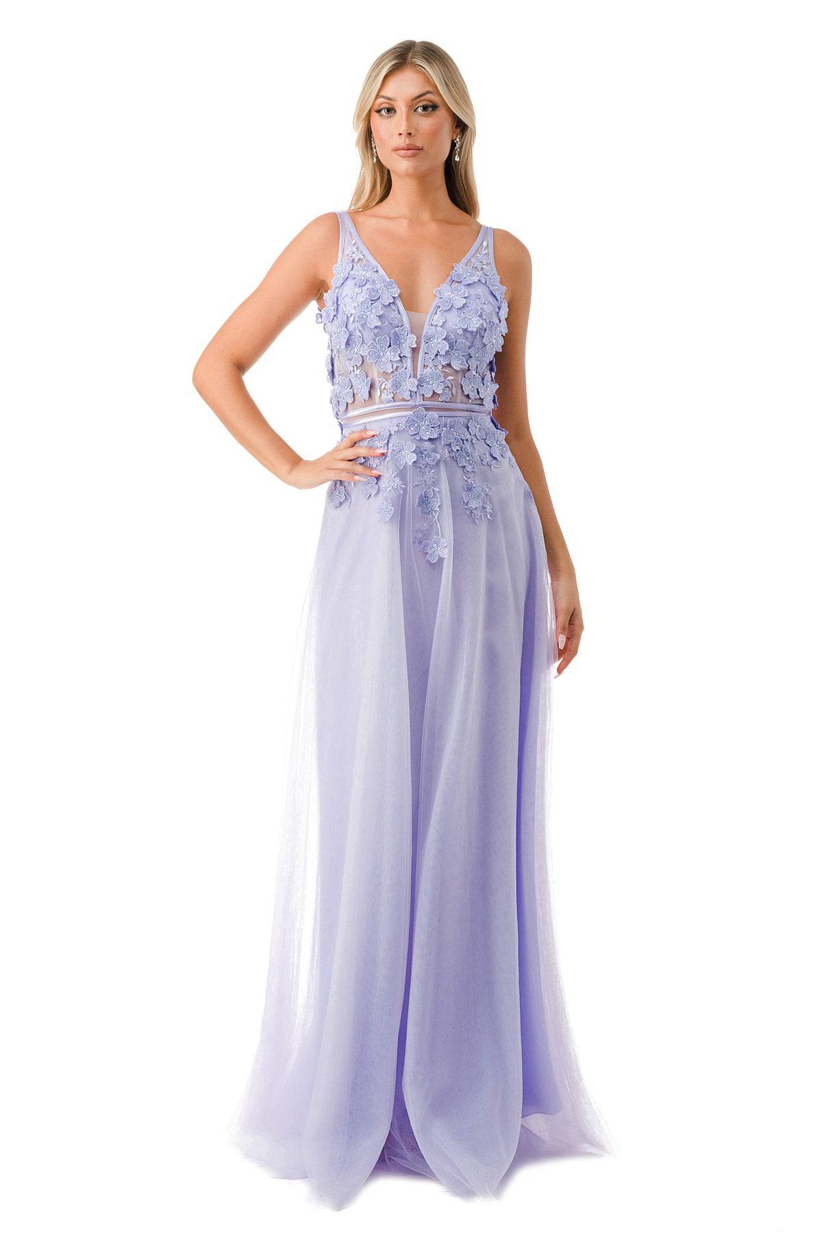 Aspeed P2114 Glittering Floral Inspired V Neck Tulle Dress - NORMA REED