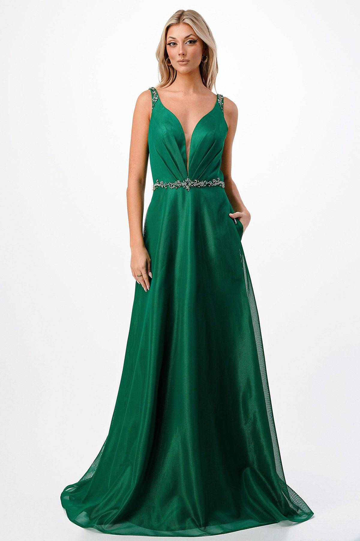 Aspeed P2115 Ruched Satin A Line Dress with Crystal Embroidery - NORMA REED