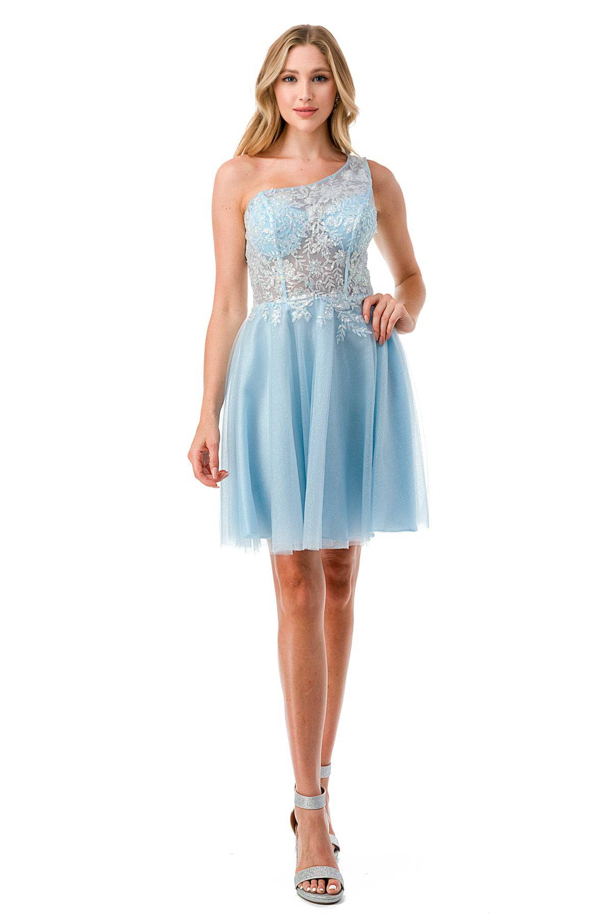 Aspeed S2723 Light Blue One Shoulder Lace & Sheer Short Dress - NORMA REED