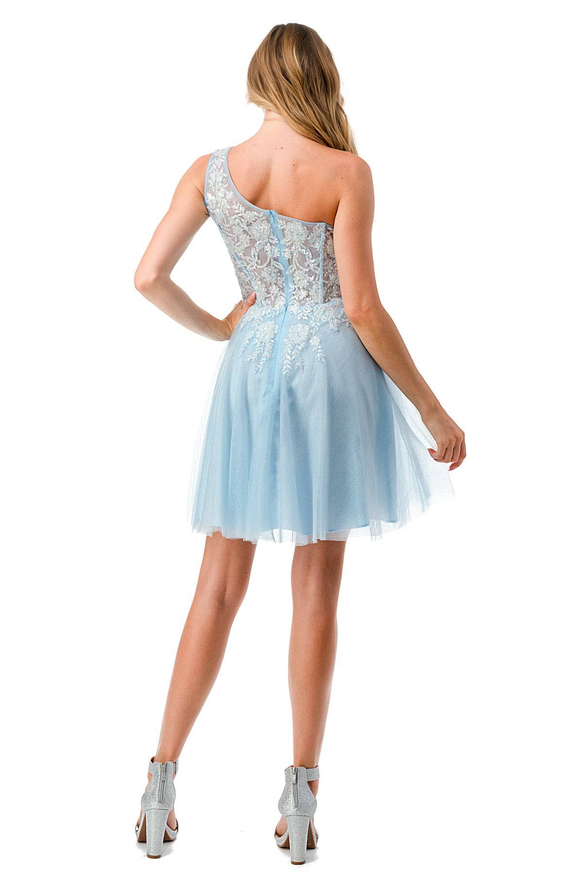 Aspeed S2723 Light Blue One Shoulder Lace & Sheer Short Dress - NORMA REED