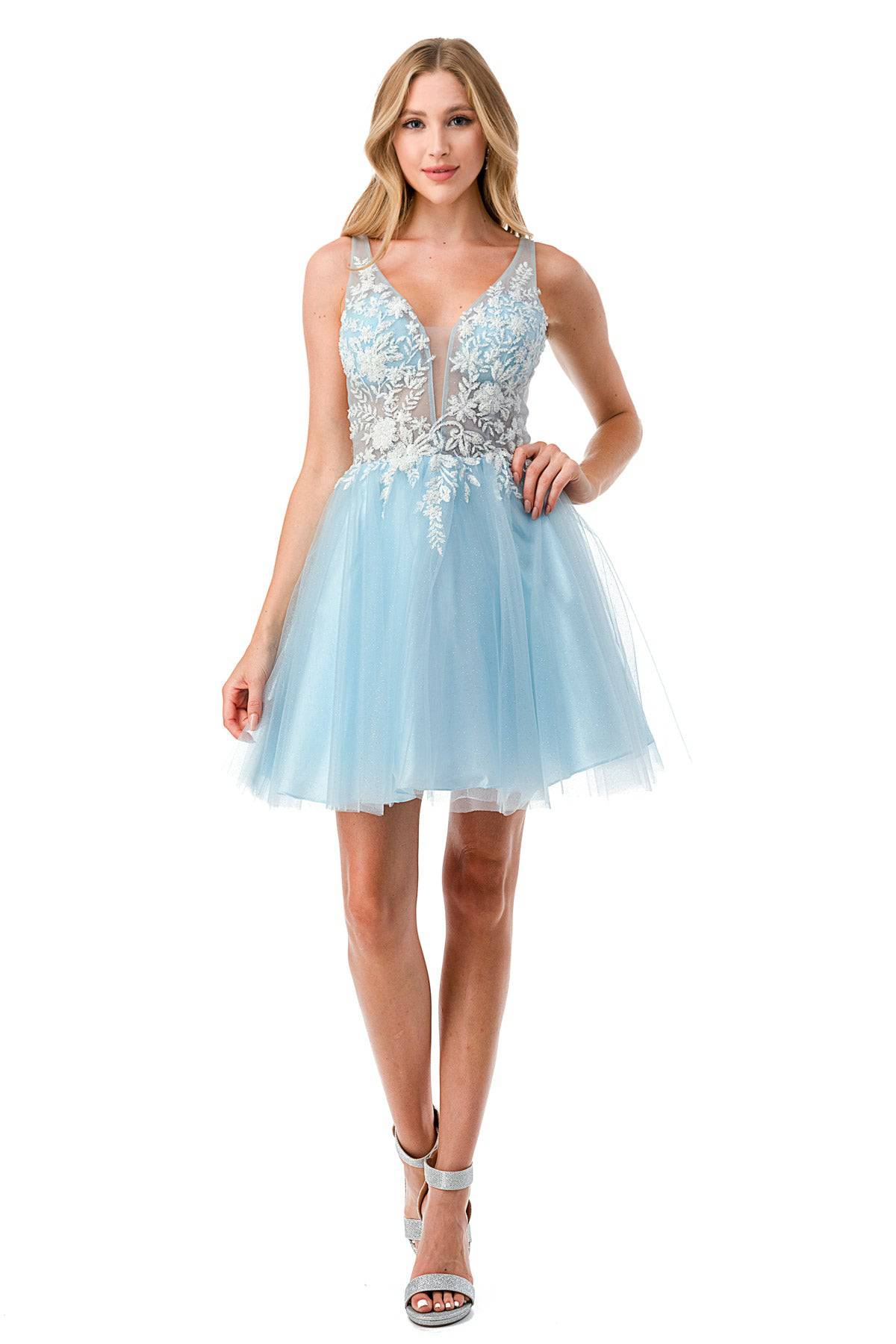 Aspeed S2724 Light Blue Lace & Sheer Short Dress with Tulle - NORMA REED