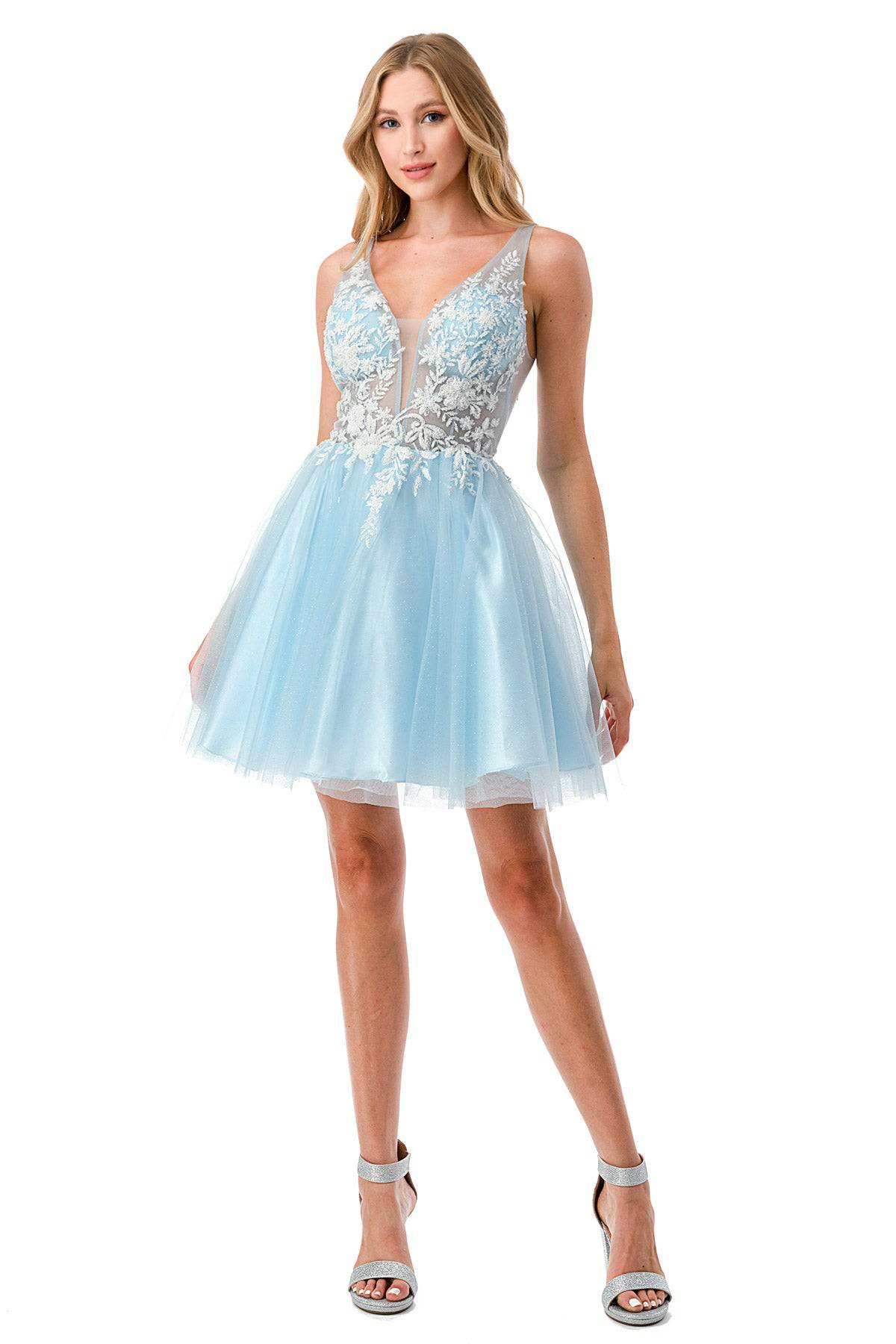 Aspeed S2724 Light Blue Lace & Sheer Short Dress with Tulle - NORMA REED