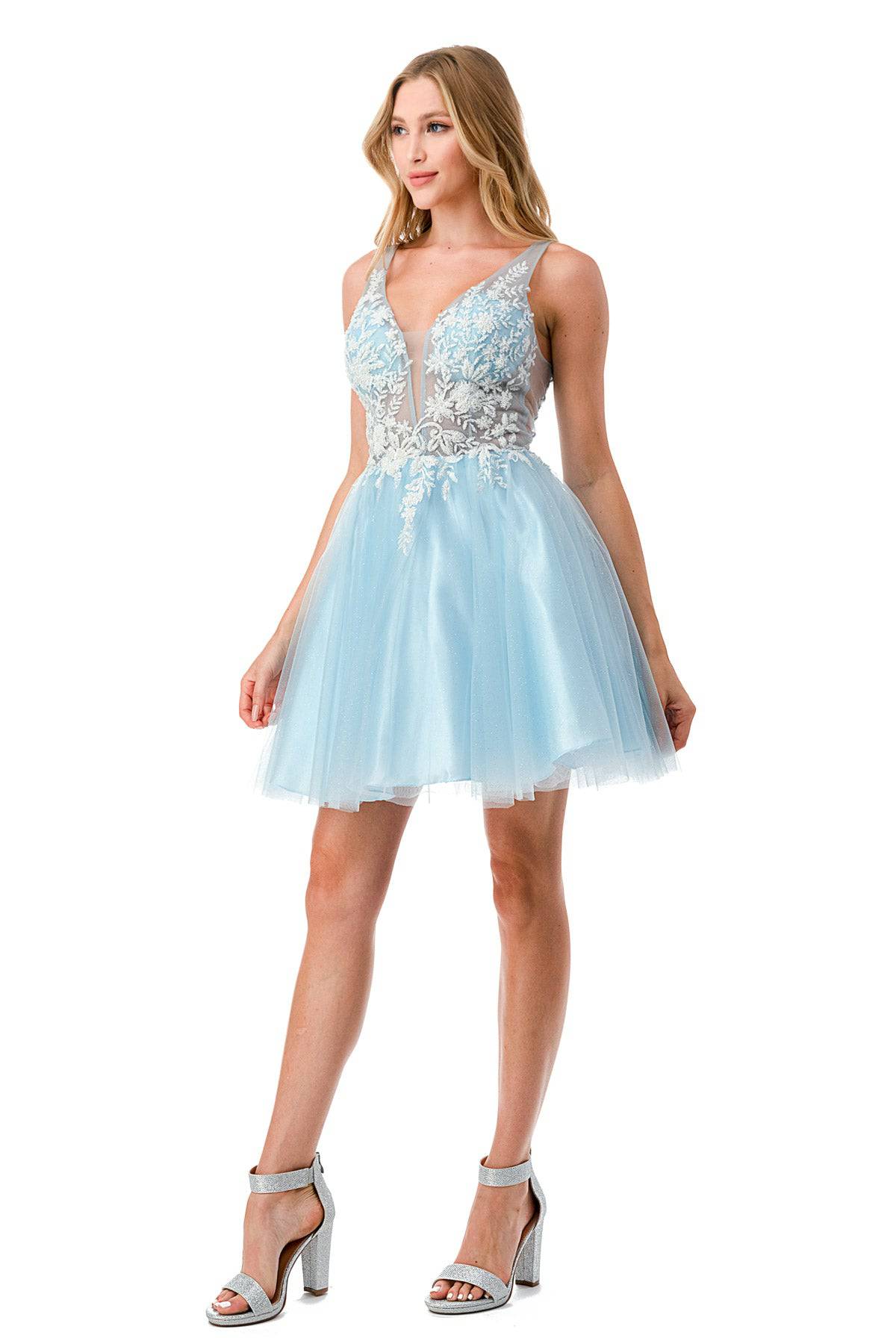 Aspeed S2724 Light Blue Lace & Sheer Short Dress with Tulle - NORMA REED