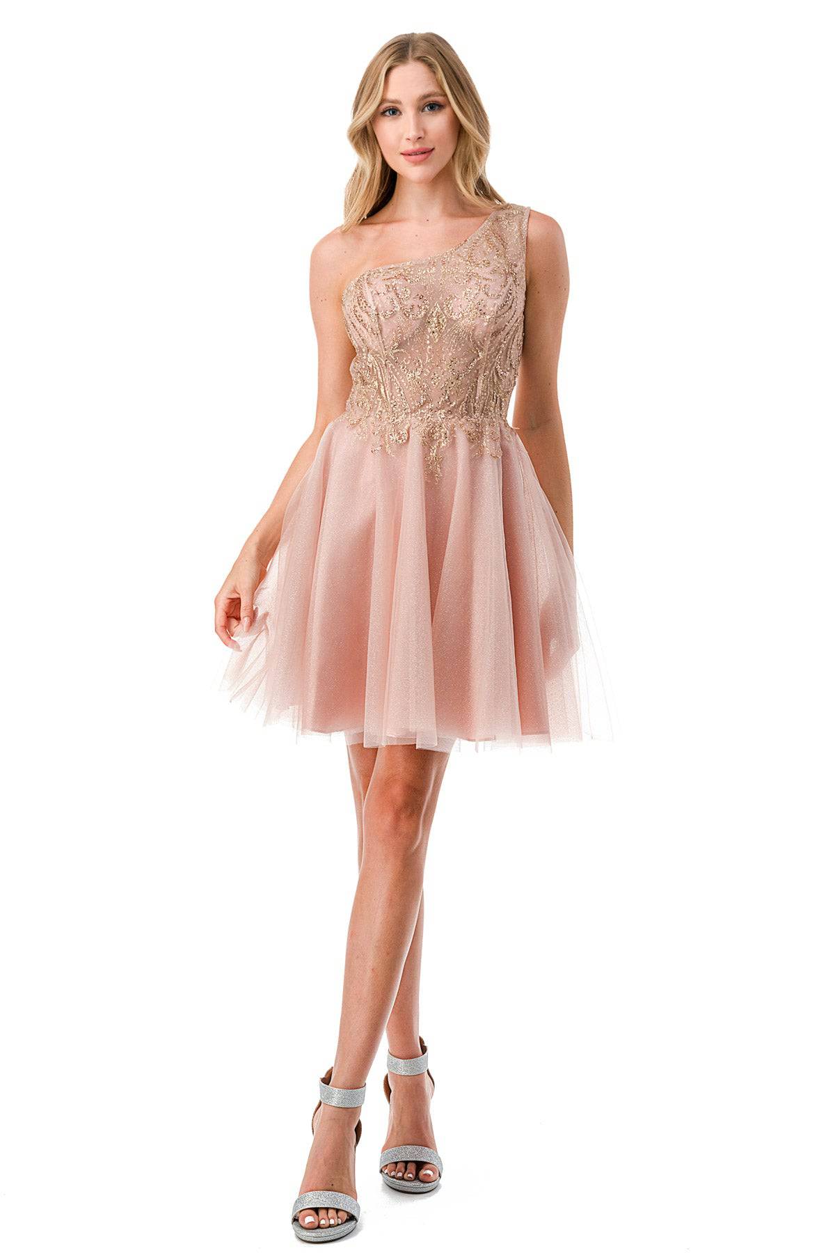 Aspeed S2746B Shimmering Rose Gold One Shoulder Short Dress - NORMA REED