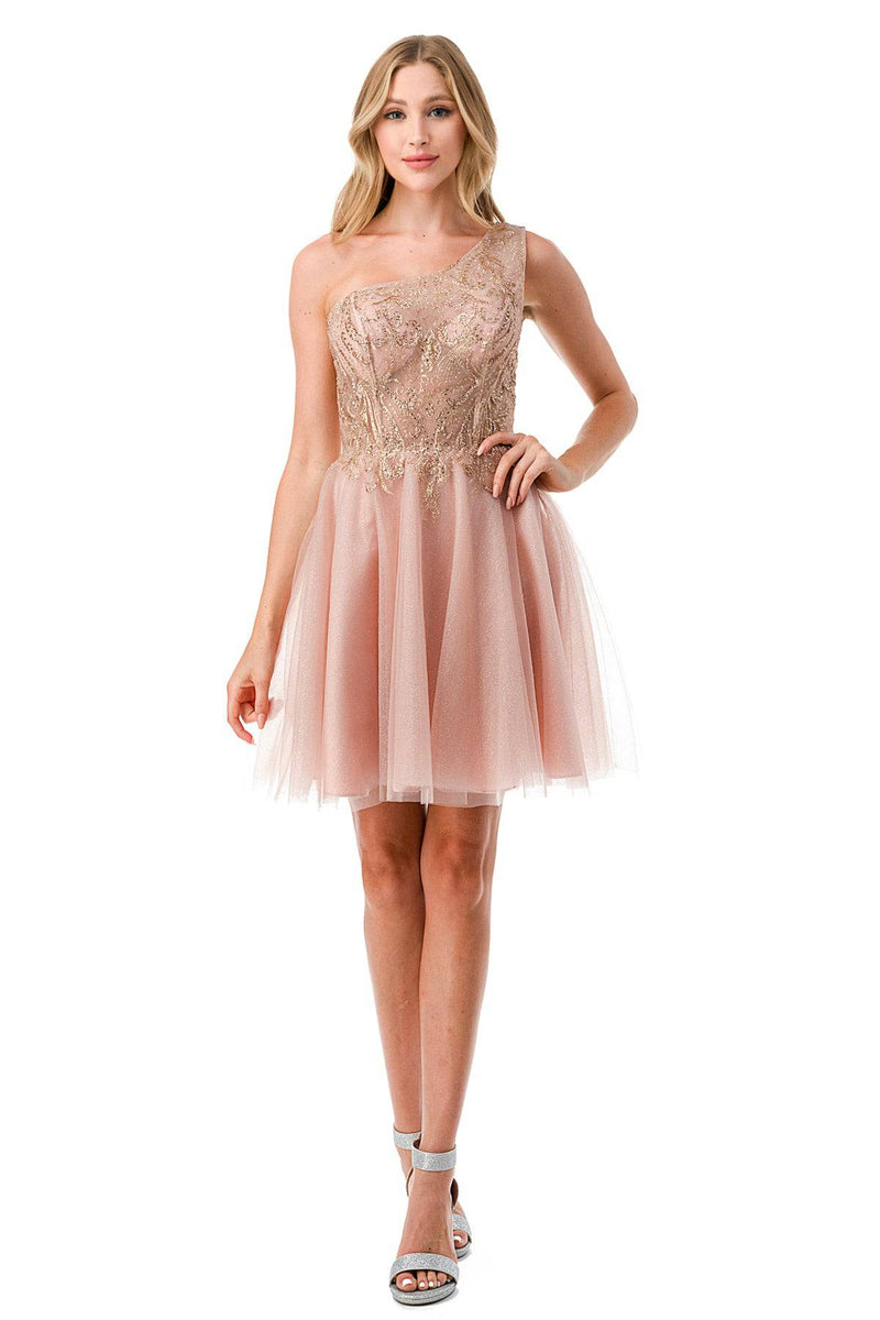 Aspeed S2746B Shimmering Rose Gold One Shoulder Short Dress - NORMA REED