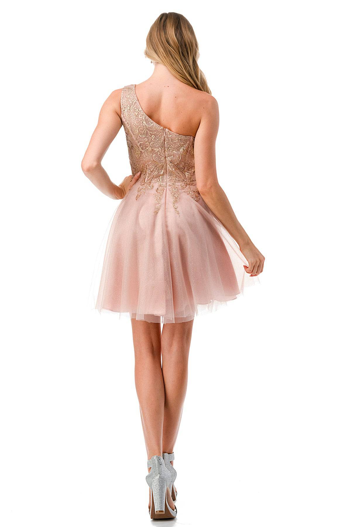 Aspeed S2746B Shimmering Rose Gold One Shoulder Short Dress - NORMA REED