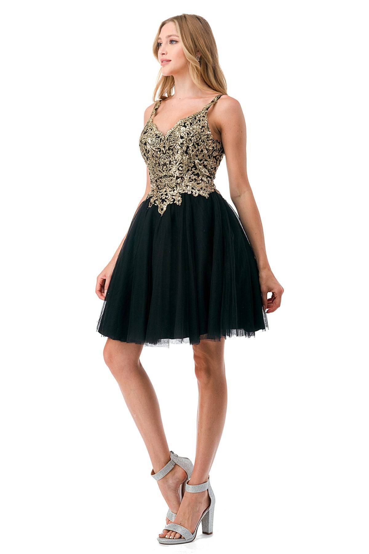 Aspeed S2757J Black & Gold Floral Short Dress - NORMA REED