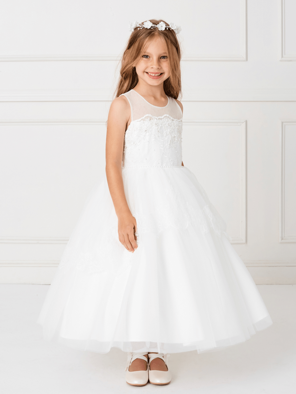 Kids Elegant Sleeveless Illusion Neckline Dress with Lace Applique #TK5794 | Norma Reed - NORMA REED